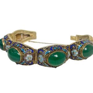 Chinese silver gilt filigree bracelet decorated wit enamel and green agate stones.
