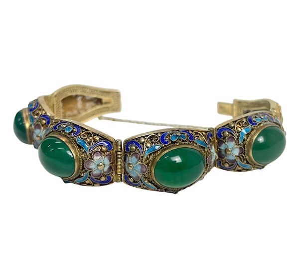 Chinese silver gilt filigree bracelet decorated wit enamel and green agate stones.